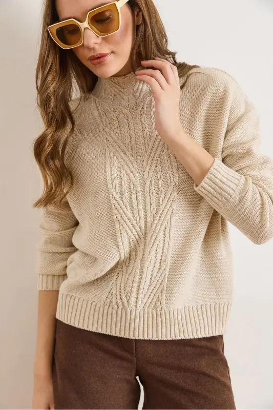 Kadın Taş Dik Yaka Ortası Saç Örgülü Triko Kazak KZK-19000912-Taş - OLALOOK