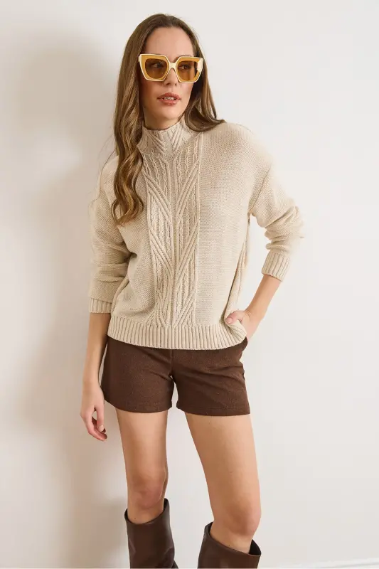 Kadın Taş Dik Yaka Ortası Saç Örgülü Triko Kazak KZK-19000912-Taş - 2