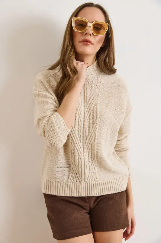 Kadın Taş Dik Yaka Ortası Saç Örgülü Triko Kazak KZK-19000912-Taş - 4