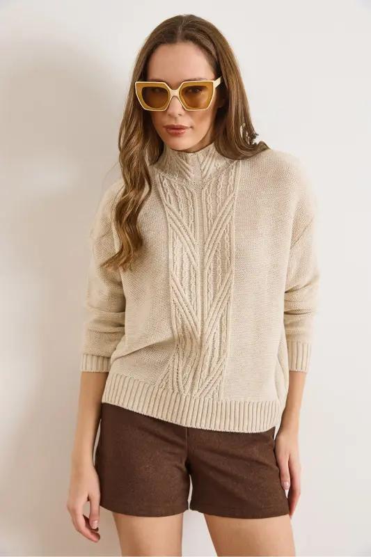 Kadın Taş Dik Yaka Ortası Saç Örgülü Triko Kazak KZK-19000912-Taş - 5