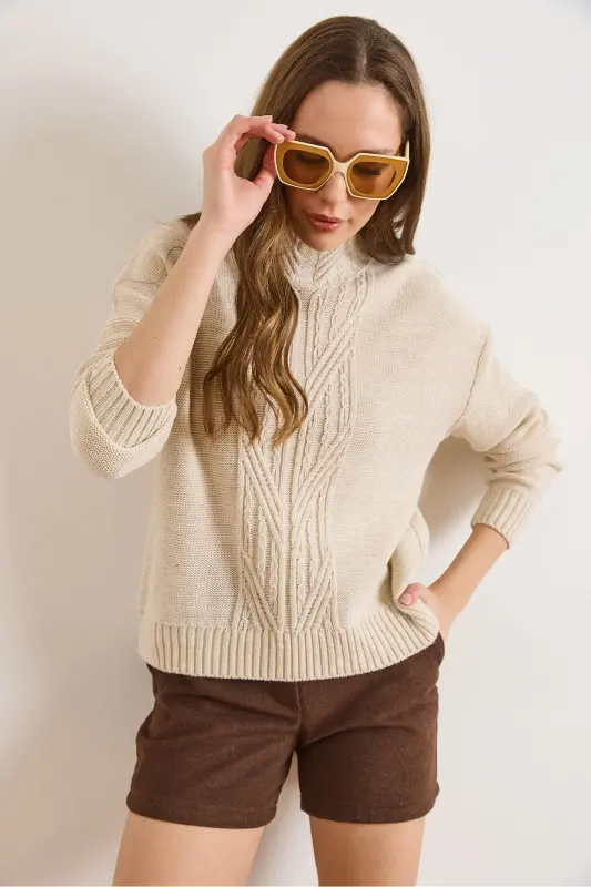 Kadın Taş Dik Yaka Ortası Saç Örgülü Triko Kazak KZK-19000912-Taş - 6