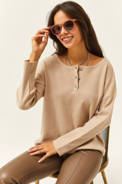 Kadın Taş Düğmeli Şardonlu Salaş Kazak KZK-19000721-Taş 