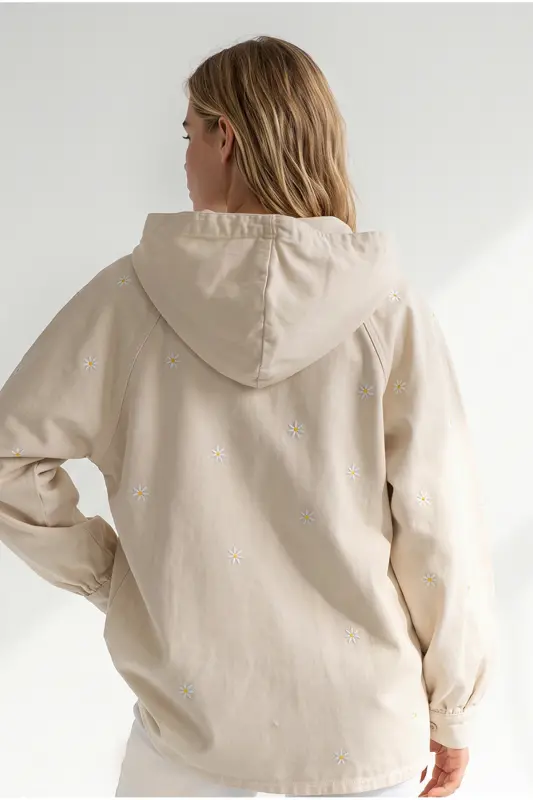 Kadın Taş Fermuarlı Cepli Kapüşonlu Nakış Detaylı Denim Ceket CKT-19000380 - Taş - 6
