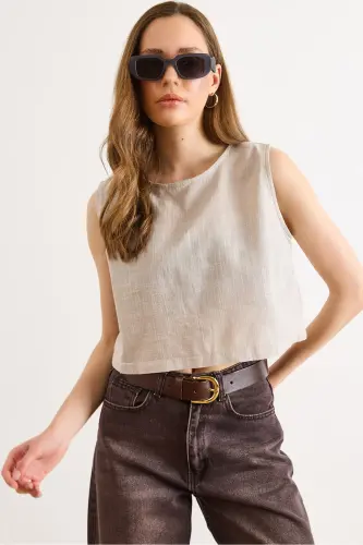 Kadın Taş Flam Keten Crop Bluz BLZ-19002925 - Taş - 1