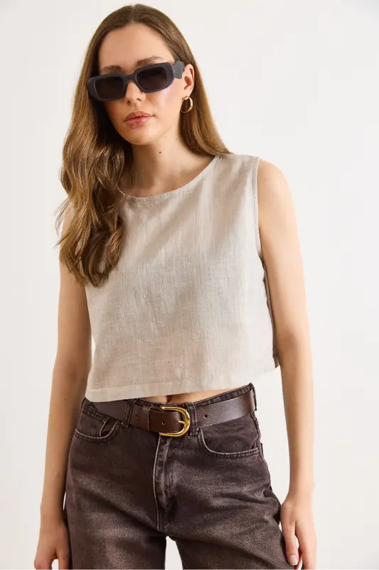Kadın Taş Flam Keten Crop Bluz BLZ-19002925 - Taş - 3