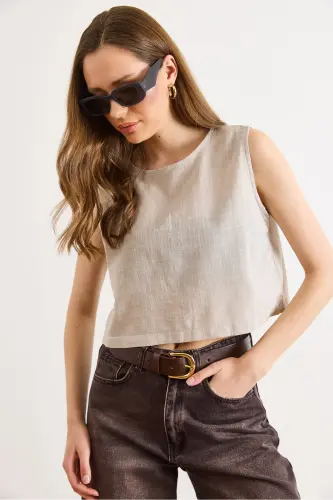 Kadın Taş Flam Keten Crop Bluz BLZ-19002925 - Taş - 4