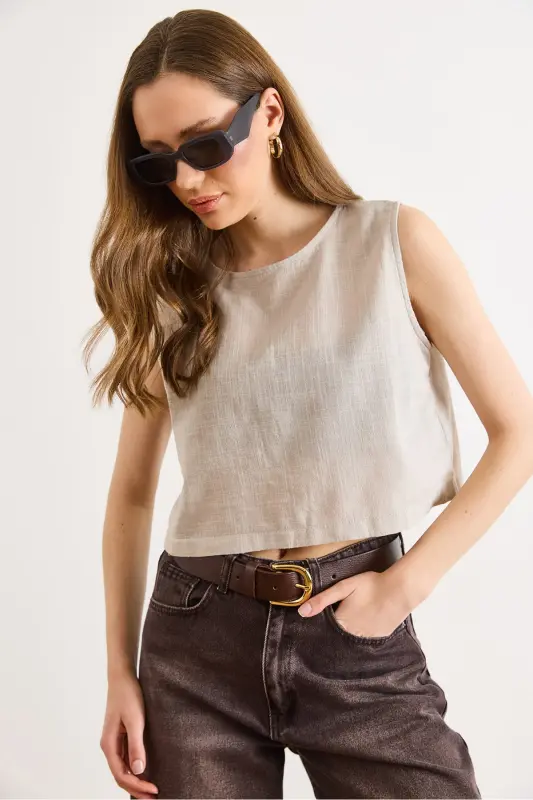 Kadın Taş Flam Keten Crop Bluz BLZ-19002925 - Taş - 4