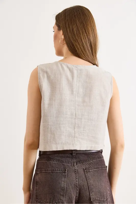 Kadın Taş Flam Keten Crop Bluz BLZ-19002925 - Taş - 6