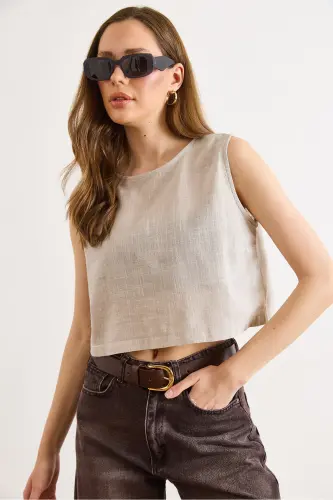 Kadın Taş Flam Keten Crop Bluz BLZ-19002925 - Taş - OLALOOK (1)