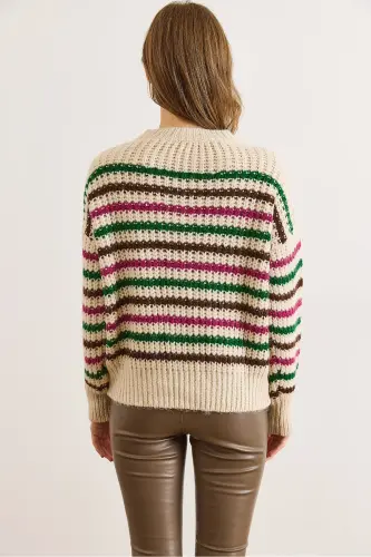 Kadın Taş Fuşya Renkli Çizgili Kalın Yumuşak Dokulu Triko Kazak KZK-19000917-Taş Fuşya - OLALOOK (1)