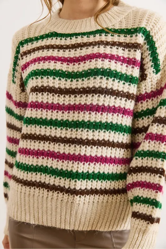 Kadın Taş Fuşya Renkli Çizgili Kalın Yumuşak Dokulu Triko Kazak KZK-19000917-Taş Fuşya - 3