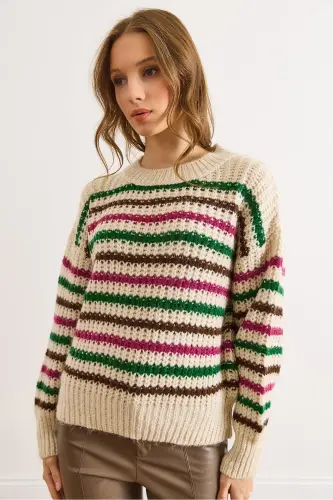 Kadın Taş Fuşya Renkli Çizgili Kalın Yumuşak Dokulu Triko Kazak KZK-19000917-Taş Fuşya - 4