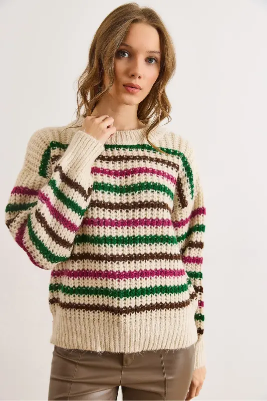 Kadın Taş Fuşya Renkli Çizgili Kalın Yumuşak Dokulu Triko Kazak KZK-19000917-Taş Fuşya - 5