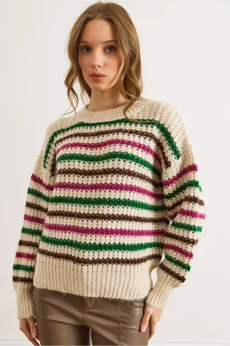 Kadın Taş Fuşya Renkli Çizgili Kalın Yumuşak Dokulu Triko Kazak KZK-19000917-Taş Fuşya - 6