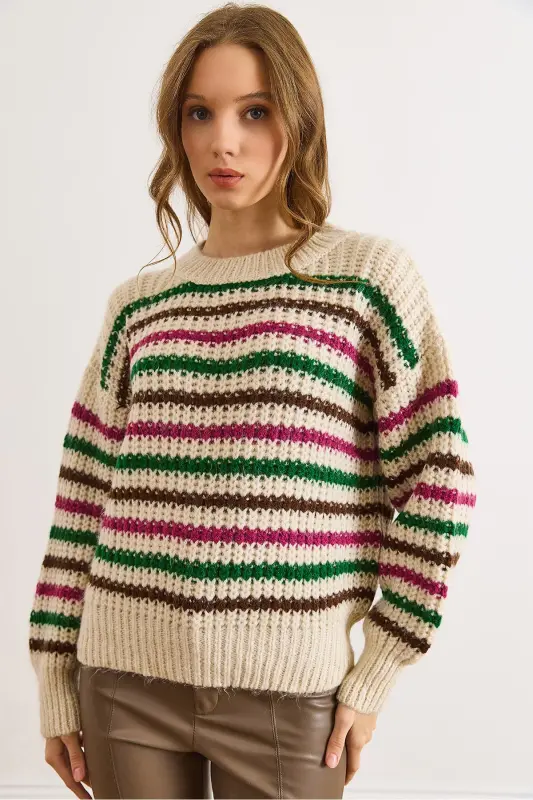 Kadın Taş Fuşya Renkli Çizgili Kalın Yumuşak Dokulu Triko Kazak KZK-19000917-Taş Fuşya - 6