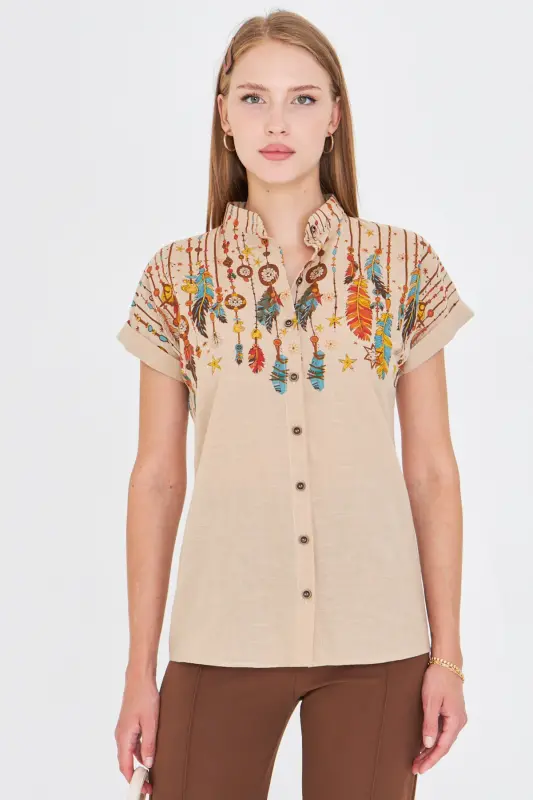 Kadın Taş Hakim Yaka Kısa Kollu Gömlek ARM-25Y001040-Taş - 2