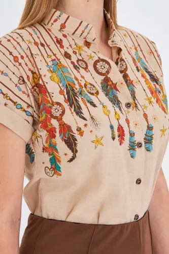 Kadın Taş Hakim Yaka Kısa Kollu Gömlek ARM-25Y001040-Taş - 3