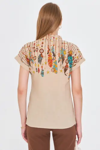 Kadın Taş Hakim Yaka Kısa Kollu Gömlek ARM-25Y001040-Taş - 4