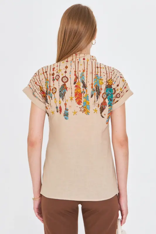 Kadın Taş Hakim Yaka Kısa Kollu Gömlek ARM-25Y001040-Taş - 4