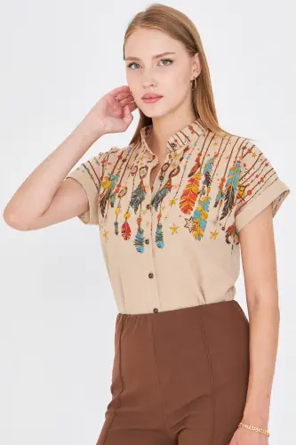 Kadın Taş Hakim Yaka Kısa Kollu Gömlek ARM-25Y001040-Taş 