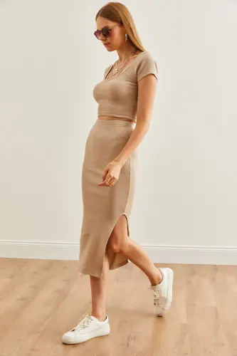 Kadın Taş Havuz Yaka Crop Bluz Yırtmaçlı Kalem Etek Takım TKM-19000300-Taş - 6