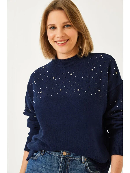 Kadın Taş İşlemeli Triko Kazak-Lacivert - Modazone