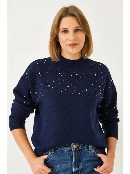 Kadın Taş İşlemeli Triko Kazak-Lacivert - Modazone (1)