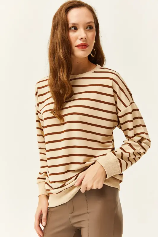 Kadın Taş Kahve Basic Yumuşak Dokulu Salaş Sweatshirt SWT-19000457-Taş Kahve - 2