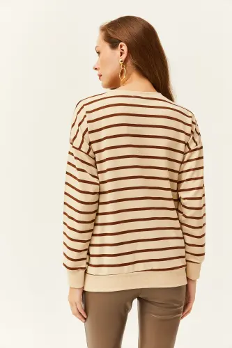 Kadın Taş Kahve Basic Yumuşak Dokulu Salaş Sweatshirt SWT-19000457-Taş Kahve - 4