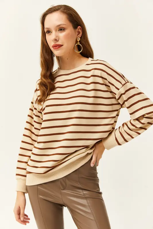 Kadın Taş Kahve Basic Yumuşak Dokulu Salaş Sweatshirt SWT-19000457 - Taş Kahve - 5
