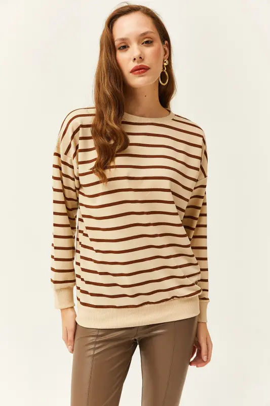 Kadın Taş Kahve Basic Yumuşak Dokulu Salaş Sweatshirt SWT-19000457-Taş Kahve - 6