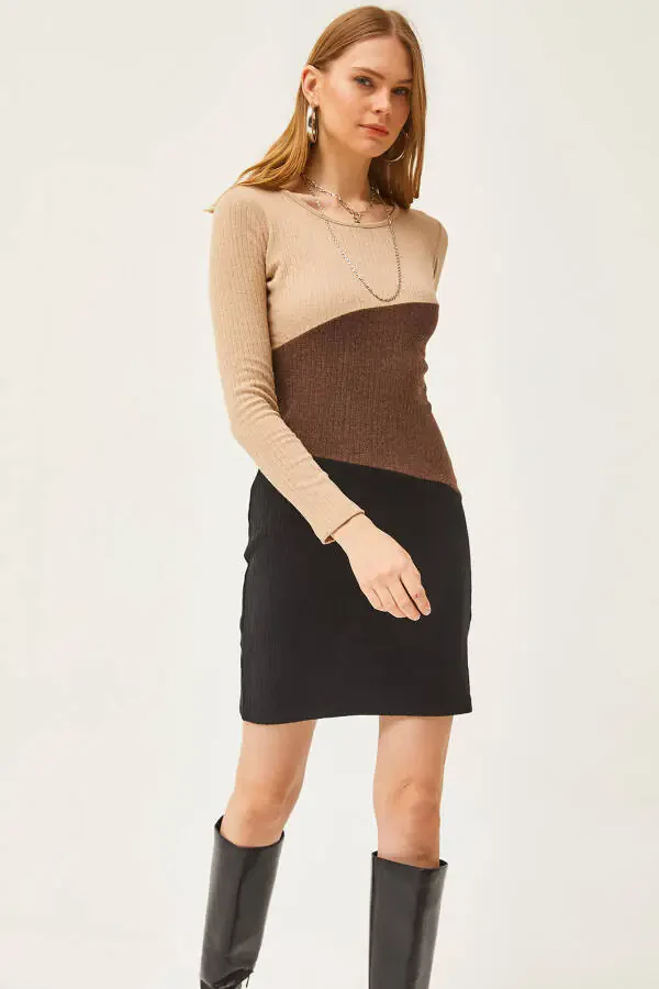 Kadın Taş Kahve Siyah Renk Bloklu Şardonlu Mini Elbise ELB-19002040-Taş Kahve Siyah - 1