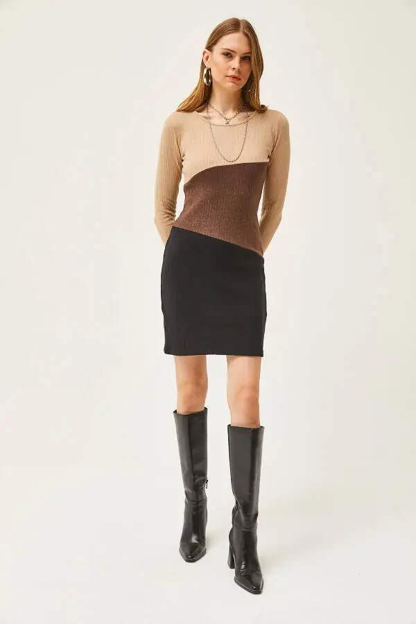 Kadın Taş Kahve Siyah Renk Bloklu Şardonlu Mini Elbise ELB-19002040-Taş Kahve Siyah - 3