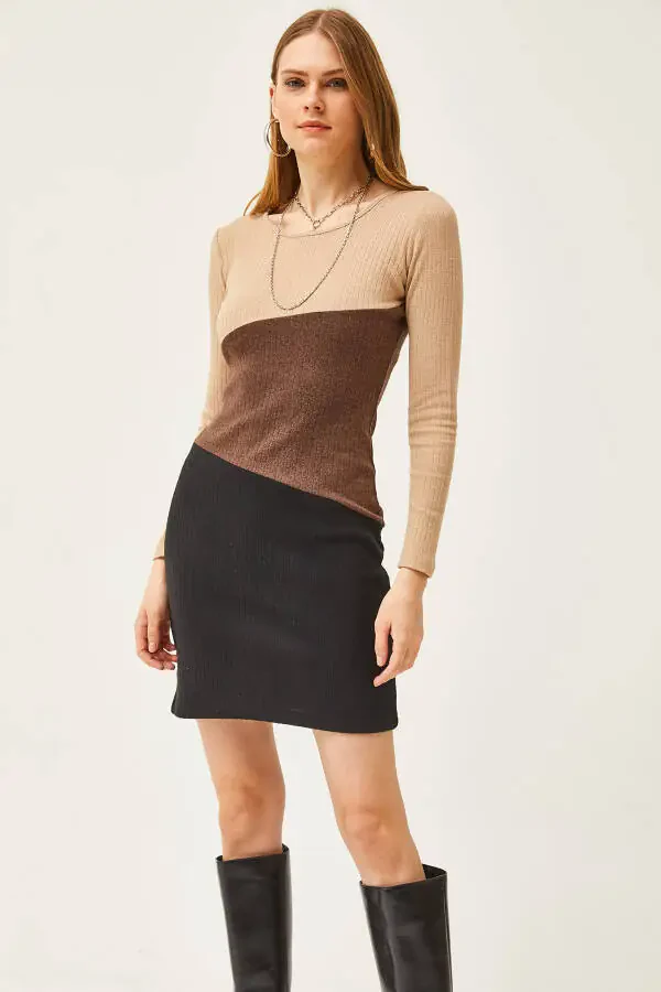 Kadın Taş Kahve Siyah Renk Bloklu Şardonlu Mini Elbise ELB-19002040-Taş Kahve Siyah - 4