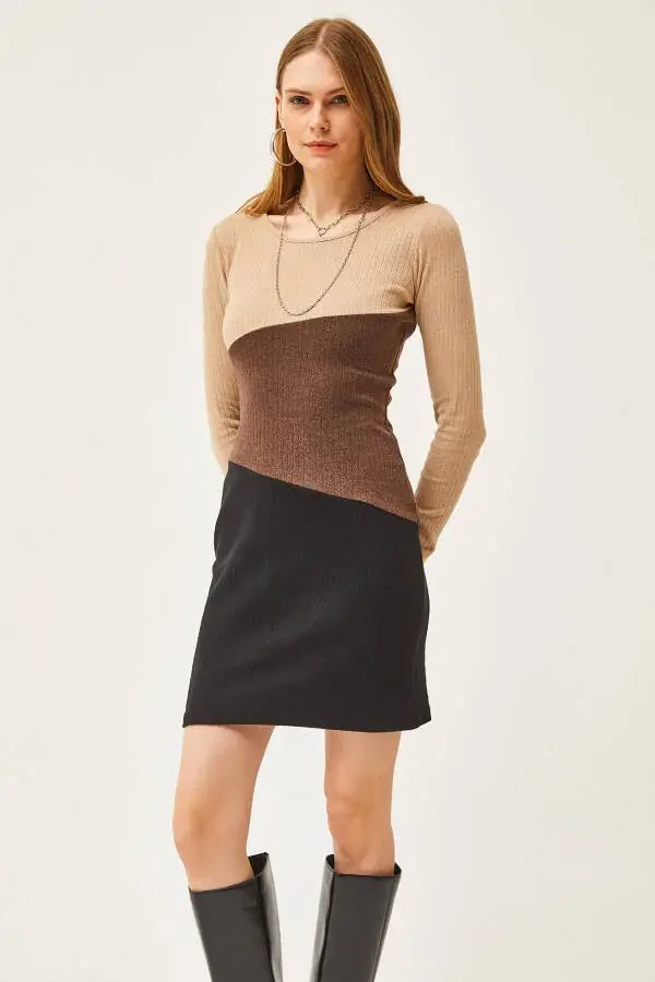 Kadın Taş Kahve Siyah Renk Bloklu Şardonlu Mini Elbise ELB-19002040-Taş Kahve Siyah - 5