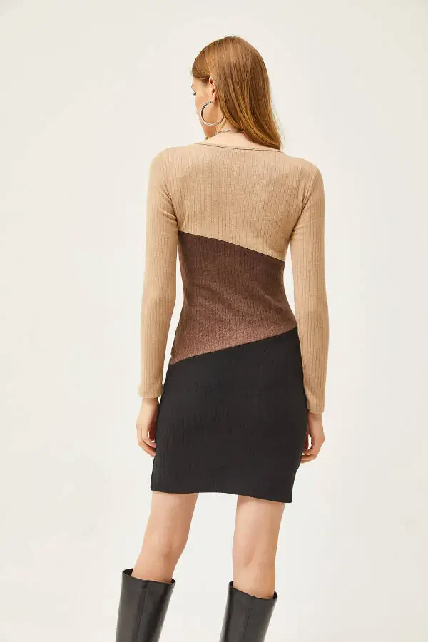 Kadın Taş Kahve Siyah Renk Bloklu Şardonlu Mini Elbise ELB-19002040-Taş Kahve Siyah - 6