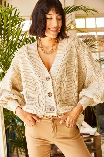 Kadın Taş Kalın Saç Örgülü Triko Hırka HRK-19000082-Taş - OLALOOK (1)