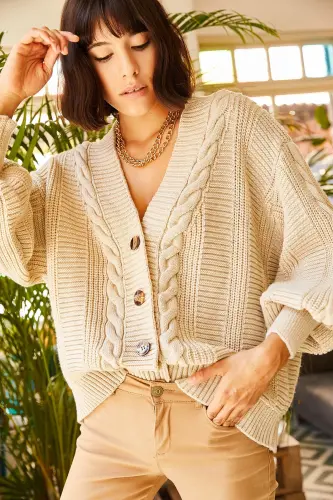 Kadın Taş Kalın Saç Örgülü Triko Hırka HRK-19000082-Taş - 5