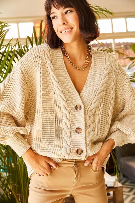 Kadın Taş Kalın Saç Örgülü Triko Hırka HRK-19000082-Taş - 1