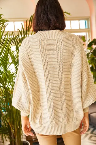 Kadın Taş Kalın Saç Örgülü Triko Hırka HRK-19000082-Taş - 7