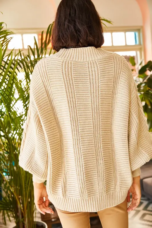 Kadın Taş Kalın Saç Örgülü Triko Hırka HRK-19000082-Taş - 7