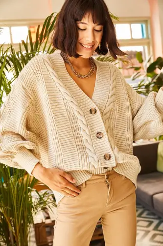 Kadın Taş Kalın Saç Örgülü Triko Hırka HRK-19000082-Taş - 3