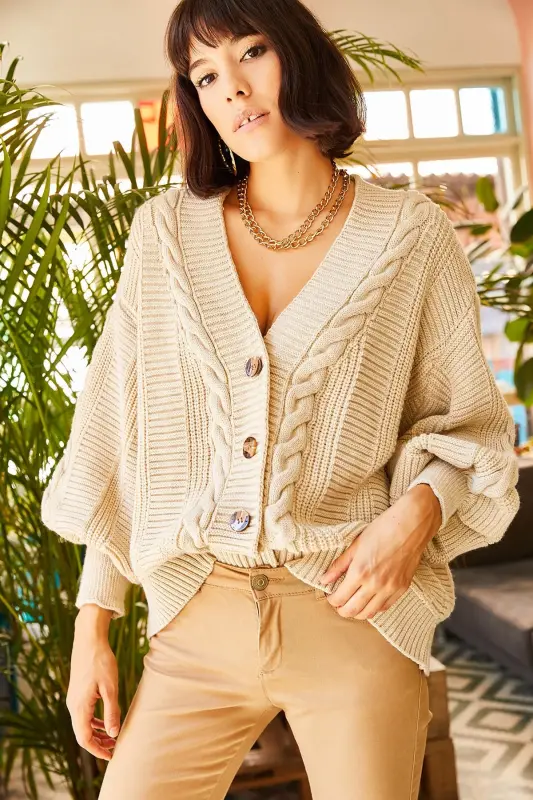 Kadın Taş Kalın Saç Örgülü Triko Hırka HRK-19000082-Taş - 4