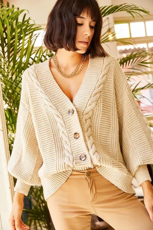 Kadın Taş Kalın Saç Örgülü Triko Hırka HRK-19000082-Taş - 6