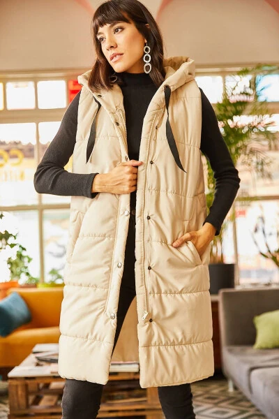 Kadın Taş Kapşonlu Cepli Şişme Yelek YLK-19000007-Taş - Olalook