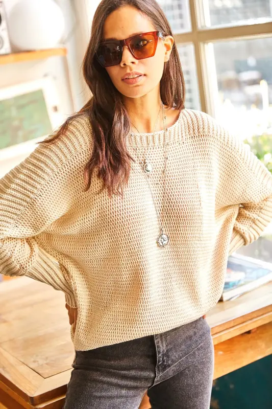 Kadın Taş Kol Detaylı Petek Örgü Kazak KZK-19000399-Taş - 3