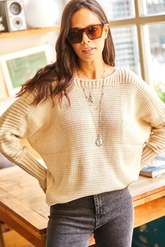 Kadın Taş Kol Detaylı Petek Örgü Kazak KZK-19000399-Taş - 6