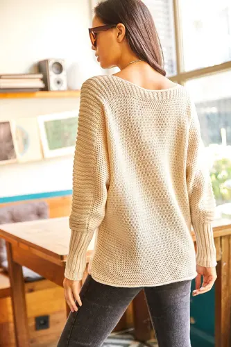 Kadın Taş Kol Detaylı Petek Örgü Kazak KZK-19000399-Taş - 7