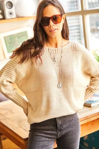 Kadın Taş Kol Detaylı Petek Örgü Kazak KZK-19000399-Taş - 6