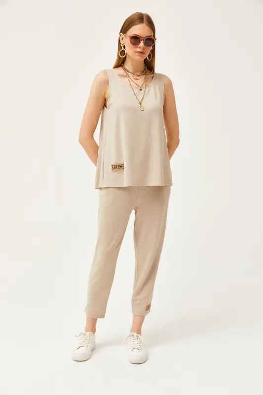 Kadın Taş Kolsuz Salaş Bluzlu Alt Üst Kristal Takım TKM-19000271-Taş - 2